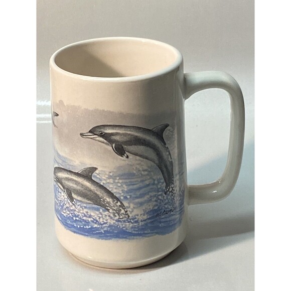 Vintage DOLPHINS W. Cude Ocean Beach Tall Large Coffee Mug MINTY - Picture 1 of 9